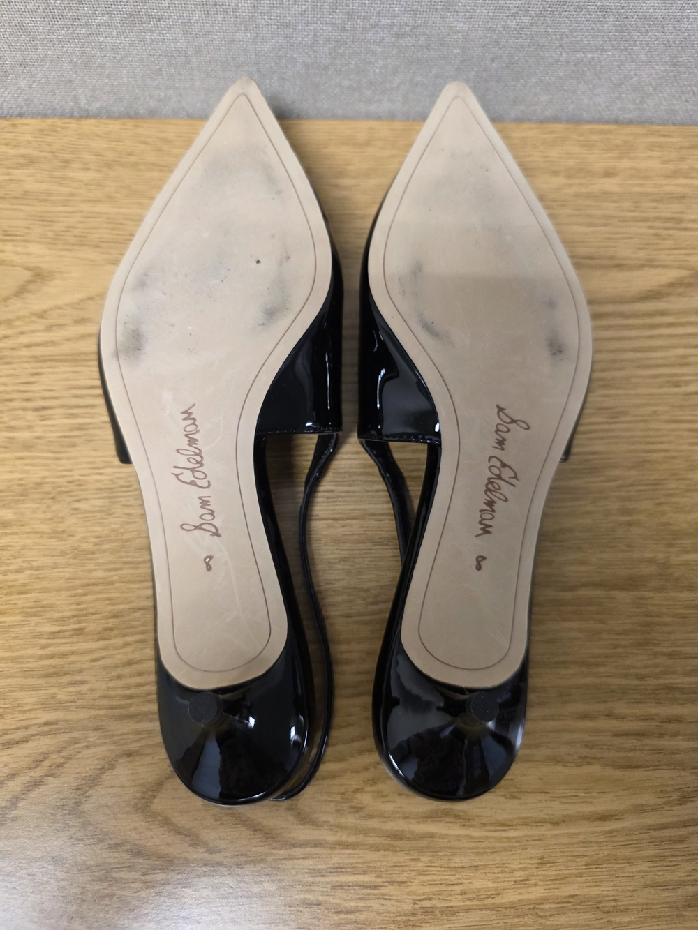 Sam Edelman Black Patent Pointed Toe Slingback Kitten Heels with Gold Accent - Picture 4 of 4
